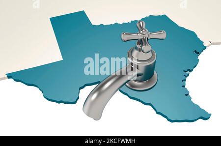 Mappa del Texas con rubinetto d'acqua, rendering 3D Foto Stock