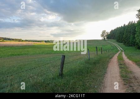 Vista generale dei campi e dei prati sulla riva del fiume Lyna con filo spinato in primo piano si vede vicino Zabie, Polonia il 5 giugno 2021 Lyna è un fiume che inizia nella Voivodato Warmian-Masurian della Polonia settentrionale e termina nell'Oblast di Kaliningrad in Russia. (Foto di Michal Fludra/NurPhoto) Foto Stock