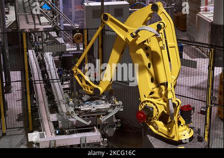 Braccio robotico giallo dotato di pinza per casse. Foto Stock