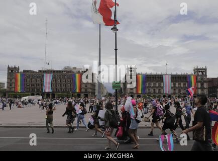 I membri della comunità LGBTTTIQA arrivano a Zócalo Città del Messico per la marcia LGBT+ Pride in Messico durante l'emergenza sanitaria COVID-19 e il semaforo epidemiologico giallo nella capitale. (Foto di Gerardo Vieyra/NurPhoto) Foto Stock