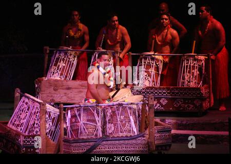 I batteristi suonano musica polinesiana tradizionale dall'isola di Tonga presso il Polynesian Cultural Center di Oahu, Hawaii, USA. (Foto di Creative Touch Imaging Ltd./NurPhoto) Foto Stock