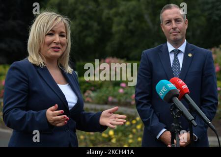 Michelle o'Neill, vice primo ministro dell'Irlanda del Nord, parla ai media, dopo aver partecipato alla cerimonia del 105th° anniversario della battaglia della Somme, nei National War Memorial Gardens, a Islandbridge a Dublino. Sabato, 10 luglio 2021, a Dublino, Irlanda (Foto di Artur Widak/NurPhoto) Foto Stock