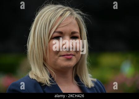 Michelle o'Neill, vice primo ministro dell'Irlanda del Nord, parla ai media, dopo aver partecipato alla cerimonia del 105th° anniversario della battaglia della Somme, nei National War Memorial Gardens, a Islandbridge a Dublino. Sabato, 10 luglio 2021, a Dublino, Irlanda (Foto di Artur Widak/NurPhoto) Foto Stock