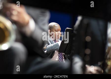 Il trombettista jazz americano Wynton Marsalis si esibisce in concerto con il Jazz alla Lincoln Center Orchestra durante il festival musicale Noches del Botanico al Real Jardín Botánico Alfonso XIII il 13 luglio 2021 a Madrid, Spagna. (Foto di Oscar Gonzalez/NurPhoto) Foto Stock