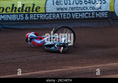 Sam McGurk gira durante la partita della National Development League tra Belle Vue Colts e Eastbourne Seagulls al National Speedway Stadium di Manchester, Inghilterra, il 23rd luglio 2021. (Foto di Ian Charles/MI News/NurPhoto) Foto Stock