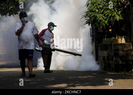 Un funzionario conduce l'appannamento per controllare le zanzare in una zona residenziale di una febbre emorragica dengue a Bogor, Giava occidentale, Indonesia, il 25 luglio 2021 . (Foto di Adriana Adie/NurPhoto) Foto Stock