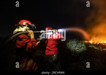 Ufficiali di Manggala Agni Daops Banyuasin estinguono gli incendi di terreni agricoli nel villaggio di Ibul 1, distretto di Pemulutan, reggenza di Ogan Ilir, domenica 25 luglio, 2021. Questo fuoco di terra si è verificato a 10:00 pm. (Foto di Sigit Prasetya/NurPhoto) Foto Stock