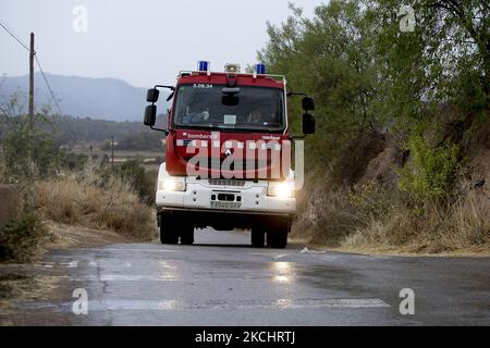 Vigili del fuoco e volontari stanno lavorando per fermare il fuoco selvaggio nelle contee di Anoia e Conca de Barberà, vicino a Barcellona il 25 e 26 luglio 2021, in Catalogna, Spagna. (Foto di Albert Llop/NurPhoto) Foto Stock
