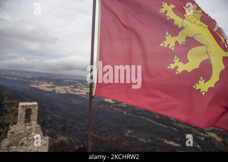 Vigili del fuoco e volontari stanno lavorando per fermare il fuoco selvaggio nelle contee di Anoia e Conca de Barberà, vicino a Barcellona il 25 e 26 luglio 2021, in Catalogna, Spagna. (Foto di Albert Llop/NurPhoto) Foto Stock