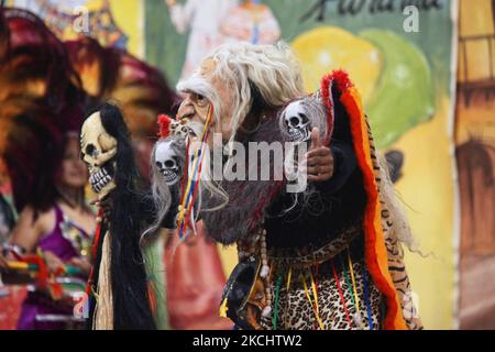 Ballerino boliviano vestito come mago ballare i Tobas durante un programma culturale a Mississauga, Ontario, Canada, il 04 giugno 2011. Il Tobas è una danza popolare dalla Bolivia. La danza folcloristica dei Tobas parla dell'antico passato della Bolivia. Ha radici in un tempo in cui gli Inca erano la forza predominante nella regione degli altopiani andini. (Foto di Creative Touch Imaging Ltd./NurPhoto) Foto Stock