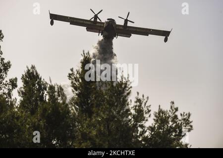 Un aereo fa cadere l'acqua su un incendio boschivo a Dionysos, a nord-est di Atene, il 27 luglio 2021. (Foto di Dimitris Lampropoulos/NurPhoto) Foto Stock