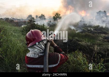 Gli incendi di peatland si sono verificati mercoledì 28 luglio 2021 nel villaggio di Sungai Rambutan, Regency di Ogan Ilir, Sumatra meridionale. Questa zona di terra bruciata alle 4,00:00 (Foto di Sigit Prasetya/NurPhoto) Foto Stock