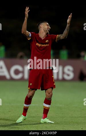 Lorenzo Pellegrini di AS Roma reagisce durante una partita di calcio internazionale amichevole tra AS Roma e FC Porto allo stadio Bela Vista di Lagoa, Portogallo, il 28 luglio 2021. (Foto di Pedro FiÃºza/NurPhoto) Foto Stock