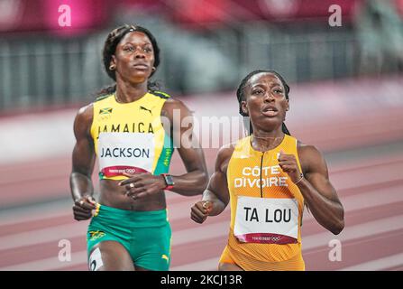 Marie-Josee Ta Lou durante 100 metro per le donne alle Olimpiadi di Tokyo, Stadio Olimpico di Tokyo, Tokyo, Giappone il 31 luglio 2021. (Foto di Ulrik Pedersen/NurPhoto) Foto Stock