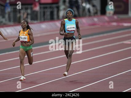 Shaunae Miller-Uibo dalle Bahamas durante 200 metro per le donne alle Olimpiadi di Tokyo, Stadio Olimpico di Tokyo, Tokyo, Giappone il 2 agosto 2021. (Foto di Ulrik Pedersen/NurPhoto) Foto Stock