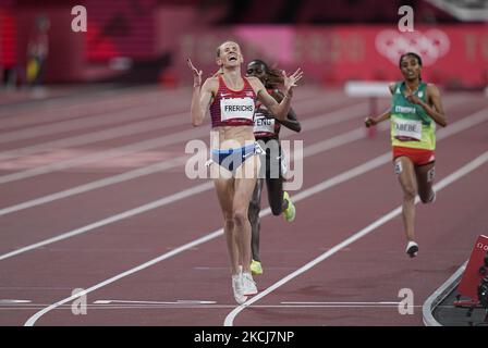 Courtney Frerichs dagli Stati Uniti vincendo argento in 3000 metri steeplechase per le donne alle Olimpiadi di Tokyo, Tokyo Olympic Stadium, Tokyo, Giappone il 4 agosto 2021. (Foto di Ulrik Pedersen/NurPhoto) Foto Stock