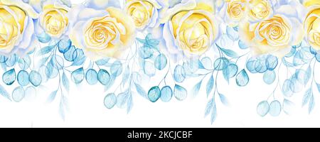 Fiori di rosa bianchi e rami di eucalipto turchese trasparente senza fine bordo. Illustrazione disegnata a mano dell'acquerello per l'invito di nozze un Foto Stock