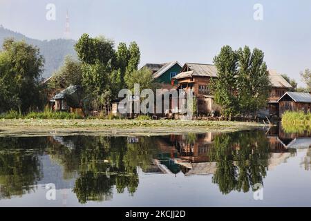 Case galleggianti riposano sulle acque posteriori lungo dal Lago a Srinagar, Kashmir, India, il 26 giugno 2010. Per aggirare le leggi che impediscono la proprietà della terra molti residenti di Kashmiri vivono in case galleggianti lungo le acque posteriori del lago dal. Sebbene sia illegale, il governo indiano di solito non agisce contro coloro che vivono sulla terra galleggiante artificiale sul lago dal. (Foto di Creative Touch Imaging Ltd./NurPhoto) Foto Stock