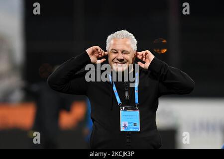 Marius Sumudica, allenatore capo del cfr Cluj che celebra la vittoria contro Farul Constanta, Liga rumena 1, Stadio Dr. Constantin Radulescu, Cluj-Napoca, Romania, 13 agosto 2021 (Foto di Flaviu Buboi/NurPhoto) Foto Stock