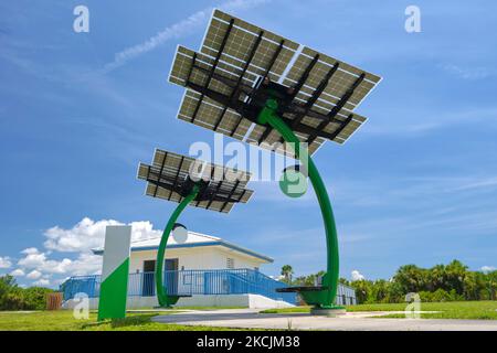 Pannelli solari fotovoltaici montati su palo urbano per la fornitura di energia elettrica di lampioni e telecamere di sorveglianza. Foto Stock