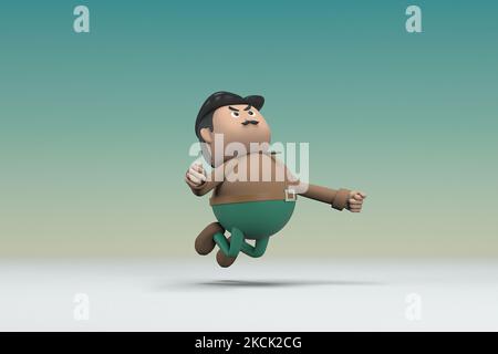 L'uomo con i baffi che indossa una camicia lunga marrone pantaloni verdi. Sta saltando. 3d illustratore del personaggio dei cartoni animati in recitazione. Foto Stock
