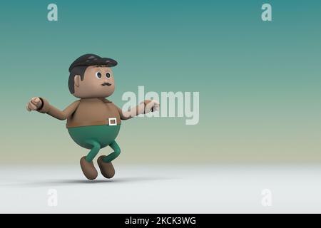 L'uomo con i baffi che indossa una camicia lunga marrone pantaloni verdi. Sta saltando. 3d illustratore del personaggio dei cartoni animati in recitazione. Foto Stock