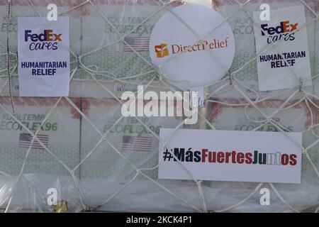 Un aereo atterrato all'aeroporto internazionale di Toluca, Stato del Messico, con una spedizione di un milione e 750 mila vaccini Moderna contro COVID-19, provenienti da Memphis, Tennessee, donati dal governo degli Stati Uniti in Messico per continuare con il piano nazionale di vaccinazione contro il virus SARS-COV-2 per ridurre i contagi, ricoveri e decessi dovuti alla pandemia. Il 24 agosto 2021 a Città del Messico. (Foto di Gerardo Vieyra/NurPhoto) Foto Stock