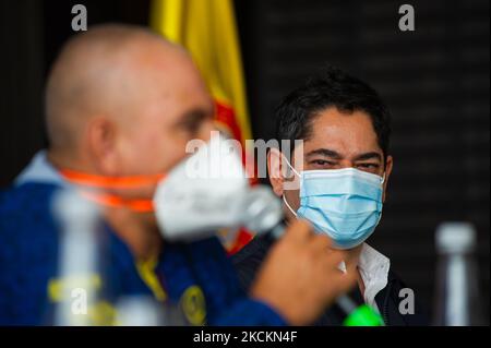 Il Ministro dello Sport della Colombia Guillermo Herrera durante un evento all'Hilton Corferias Hotel dopo le Medaglie Paralimpiche Fabio Torres parapowerlifting medaglia di bronzo e Moises Fuentes 100 metri nuotando medaglia d'argento sono arrivati in Colombia dopo la loro partecipazione ai Giochi Paralimpici di Tokyo 2020+1. A Bogotà, Colombia, il 1 settembre 2021. (Foto di Sebastian Barros/NurPhoto) Foto Stock