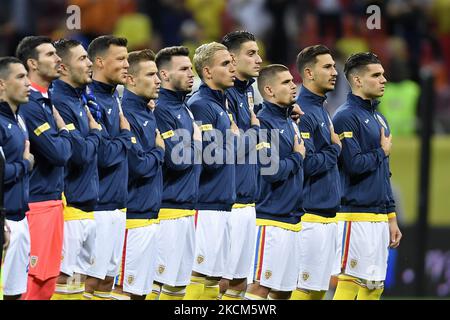 Florin Nita, Alin Tosca, Cristian Manea, Ionut Nedelcearu, Andrei Cordea, Jovan Markovic, Ianis Hagi, Adrian Rus, Razvan Marin, Darius Olaru, Nicolae Stanciu in azione durante la partita di qualificazione della Coppa del mondo FIFA tra Romania e Liechtenstein, disputata a Bucarest, il 05 settembre 2021. (Foto di Alex Nicodim/NurPhoto) Foto Stock