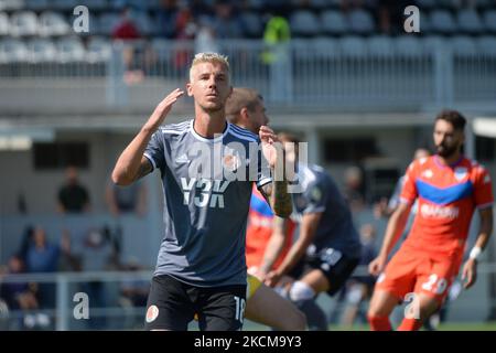 Simone Corazza di Alessandria disappunto durante la Serie B tra gli USA Alessandria e Brescia Calcio allo Stadio Moccagatta di Alessandria, il 11 settembre 2021 in Italia (Foto di Alberto Gandolfo/NurPhoto) Foto Stock