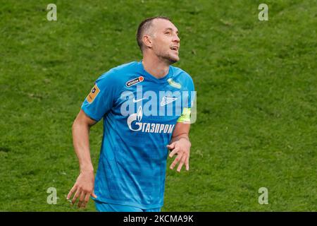 Artem Dzyuba di Zenit reagisce durante la partita della Premier League russa tra il FC Zenit San Pietroburgo e il FC Akhmat Grozny il 11 settembre 2021 alla Gazprom Arena di San Pietroburgo, Russia. (Foto di Mike Kireev/NurPhoto) Foto Stock