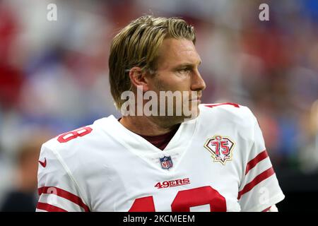 Il cacciatore di San Francisco 49ers Mitch Wishnowsky (18) sta sedurendo la seconda metà di una partita di football NFL contro i Detroit Lions a Detroit, Michigan USA, domenica 12 settembre 2021. (Foto di Jorge Lemus/NurPhoto) Foto Stock