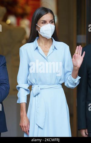 Regina Letizia di Spagna arriva per l'apertura della mostra 'quarant'anni di amicizia. Al Museo del Prado, il 13 settembre 2021 a Madrid, Spagna. (Foto di Oscar Gonzalez/NurPhoto) Foto Stock