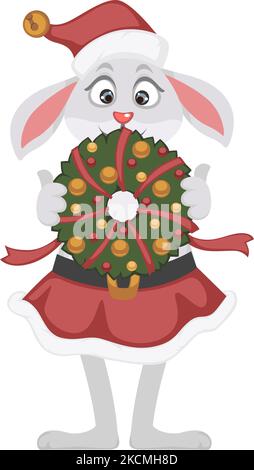 Carattere di coniglio che tiene la corona di natale nelle mani Illustrazione Vettoriale