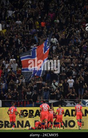 Valentin Gheorghe segna e festeggia in azione durante la partita Romania Liga 1 tra FCSB e Dinamo Bucarest, disputata domenica 12 settembre 2021 sull'Arena Nationala, a Bucarest. (Foto di Alex Nicodim/NurPhoto) Foto Stock