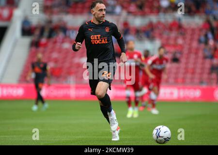 Richard Keogh di Blackpool durante la partita del campionato Sky Bet tra Middlesbrough e Blackpool al Riverside Stadium di Middlesbrough sabato 18th settembre 2021. (Foto di Michael driver/MI News/NurPhoto) Foto Stock