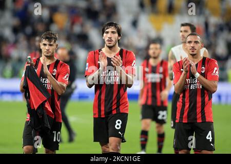 Brahim Diaz, Sandro tonali e Ismael Bennacer (AC Milan) durante la serie calcistica italiana Una partita Juventus FC vs AC Milan il 19 settembre 2021 allo Stadio Allianz di Torino (Foto di Claudio Benedetto/LiveMedia/NurPhoto) Foto Stock