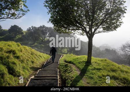 Uomo che cammina nella nebbia alla vetta del Monte Eden, Auckland. Foto Stock