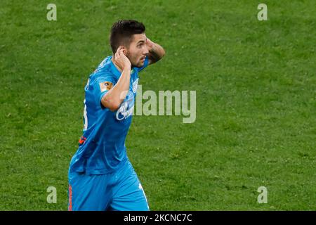 Aleksei Sutormin di Zenit celebra il suo obiettivo durante la partita della Premier League russa tra il FC Zenit San Pietroburgo e il PFC Krylia Sovetov Samara il 25 settembre 2021 alla Gazprom Arena di San Pietroburgo, Russia. (Foto di Mike Kireev/NurPhoto) Foto Stock