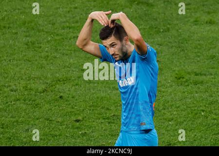 Aleksei Sutormin di Zenit celebra il suo obiettivo durante la partita della Premier League russa tra il FC Zenit San Pietroburgo e il PFC Krylia Sovetov Samara il 25 settembre 2021 alla Gazprom Arena di San Pietroburgo, Russia. (Foto di Mike Kireev/NurPhoto) Foto Stock