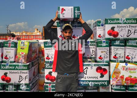 I lavoratori di Kashmiri trasportano scatole di mele da caricare su camion in un mercato all'ingrosso di frutta a Sopore, distretto di baramulla, Jammu e Kashmir, India, circa 54kms km a nord di Srinagar, il 28 settembre 2021. Jammu & Kashmir vanta di circa il 80% di quota di mela totale prodotta nel country.Â la coltivazione di mele e la sua catena di valore è uno dei principali soggiorni dell'economia rurale con un reddito di circa RS. 1500 crores.Â la produzione di mele è prevalentemente limitata ai distretti di Srinagar, Ganderbal, Budgam, Baramulla, Kupwara, Anantnag e Shopian nella provincia del Kashmir. (Foto di Nasir Kachroo/NurPhoto) Foto Stock