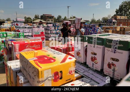 I lavoratori di Kashmiri trasportano scatole di mele da caricare su camion in un mercato all'ingrosso di frutta a Sopore, distretto di baramulla, Jammu e Kashmir, India, circa 54kms km a nord di Srinagar, il 28 settembre 2021. Jammu & Kashmir vanta di circa il 80% di quota di mela totale prodotta nel country.Â la coltivazione di mele e la sua catena di valore è uno dei principali soggiorni dell'economia rurale con un reddito di circa RS. 1500 crores.Â la produzione di mele è prevalentemente limitata ai distretti di Srinagar, Ganderbal, Budgam, Baramulla, Kupwara, Anantnag e Shopian nella provincia del Kashmir. (Foto di Nasir Kachroo/NurPhoto) Foto Stock