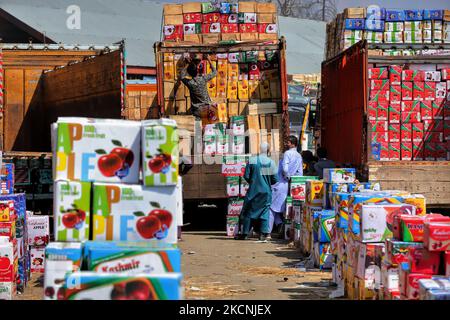 I lavoratori di Kashmiri trasportano scatole di mele da caricare su camion in un mercato all'ingrosso di frutta a Sopore, distretto di baramulla, Jammu e Kashmir, India, circa 54kms km a nord di Srinagar, il 28 settembre 2021. Jammu & Kashmir vanta di circa il 80% di quota di mela totale prodotta nel country.Â la coltivazione di mele e la sua catena di valore è uno dei principali soggiorni dell'economia rurale con un reddito di circa RS. 1500 crores.Â la produzione di mele è prevalentemente limitata ai distretti di Srinagar, Ganderbal, Budgam, Baramulla, Kupwara, Anantnag e Shopian nella provincia del Kashmir. (Foto di Nasir Kachroo/NurPhoto) Foto Stock