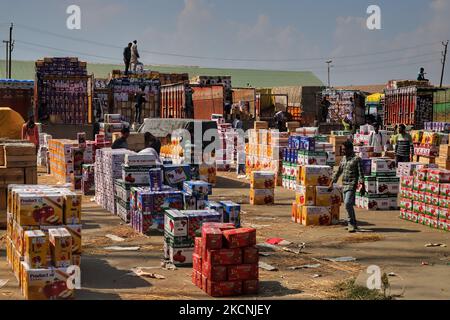 I lavoratori di Kashmiri trasportano scatole di mele da caricare su camion in un mercato all'ingrosso di frutta a Sopore, distretto di baramulla, Jammu e Kashmir, India, circa 54kms km a nord di Srinagar, il 28 settembre 2021. Jammu & Kashmir vanta di circa il 80% di quota di mela totale prodotta nel country.Â la coltivazione di mele e la sua catena di valore è uno dei principali soggiorni dell'economia rurale con un reddito di circa RS. 1500 crores.Â la produzione di mele è prevalentemente limitata ai distretti di Srinagar, Ganderbal, Budgam, Baramulla, Kupwara, Anantnag e Shopian nella provincia del Kashmir. (Foto di Nasir Kachroo/NurPhoto) Foto Stock