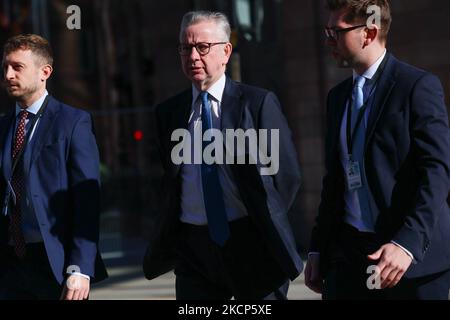 Michael Gove MP, Segretario di Stato per il livellamento, gli alloggi e le comunità, il giorno quattro della Conferenza del Partito conservatore a Manchester Central, Manchester, mercoledì 6th ottobre 2021. (Foto di MI News/NurPhoto) Foto Stock