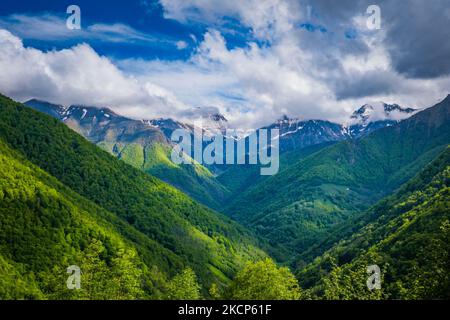 Vista sulla valle del fiume Lez con cime innevate sullo sfondo in una bella giornata estiva nella catena montuosa dei Pirenei francesi Foto Stock