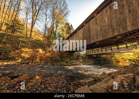 Paesaggio rurale autunnale di un ponte coperto di legno su un torrente durante l'ora d'oro visto da un angolo basso. Foto Stock