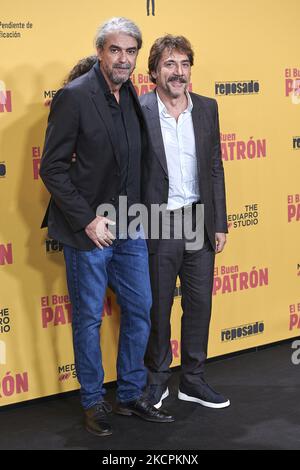 Fernando Leon de Aranoa, Javier Bardem partecipa alla prima del film 'El buen patron' al cinema Callao di Madrid, Spagna (Foto di Carlos Dafonte/NurPhoto) Foto Stock