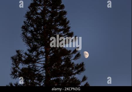 La luna sorge sulla città di Deir al-Balah nella striscia centrale di Gaza, venerdì 15 ottobre 2021. (Foto di Sameh Rahmi/NurPhoto) Foto Stock