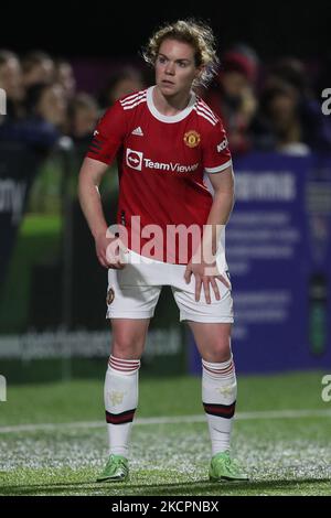 Aofie Mannion del Manchester United durante la partita della fa Women's Continental League Cup tra le donne Durham e il Manchester United al castello di Maiden, a Durham City, giovedì 14th ottobre 2021. (Foto di Mark Fletcher/MI News/NurPhoto) Foto Stock